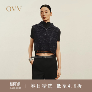 短款 时髦大翻领半开襟无袖 针织背心 女装 OVVOutlet秋冬热卖