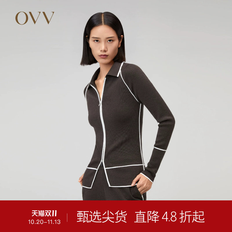 【可机洗黄金羊毛】OVVOutlet秋冬热卖女装撞色运动风针织外套