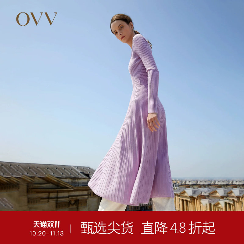 OVV Outlet 秋冬热卖女V领A字廓形下摆伞裙长袖绵羊毛针织连衣裙