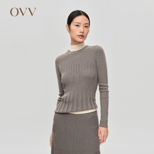 针织衫 丝羊毛竖条纹肌理圆领休闲长袖 女装 OVVOutlet秋冬新款