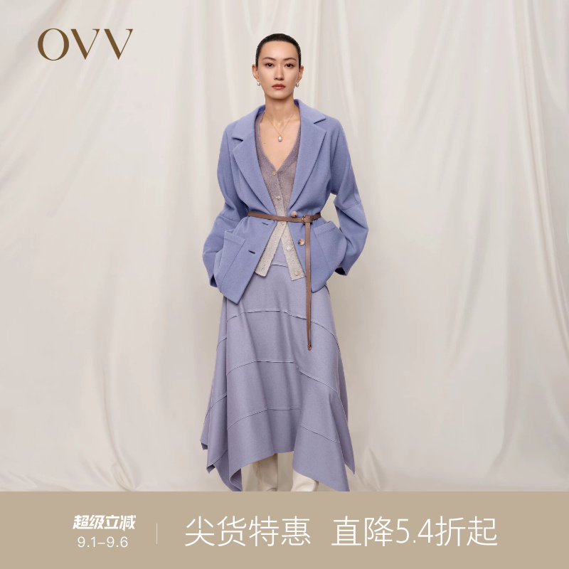 OVVOutlet秋冬热卖女针织羊毛两粒扣平驳领贴袋皮带单件西服外套图片