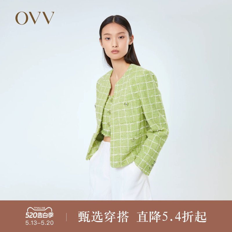 【经典粗花呢】OVV春夏热卖女V领格纹夹克外套