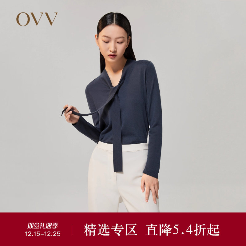 【鄂尔多斯羊绒】OVVOutlet秋冬女装飘带平整服帖长袖针织衫