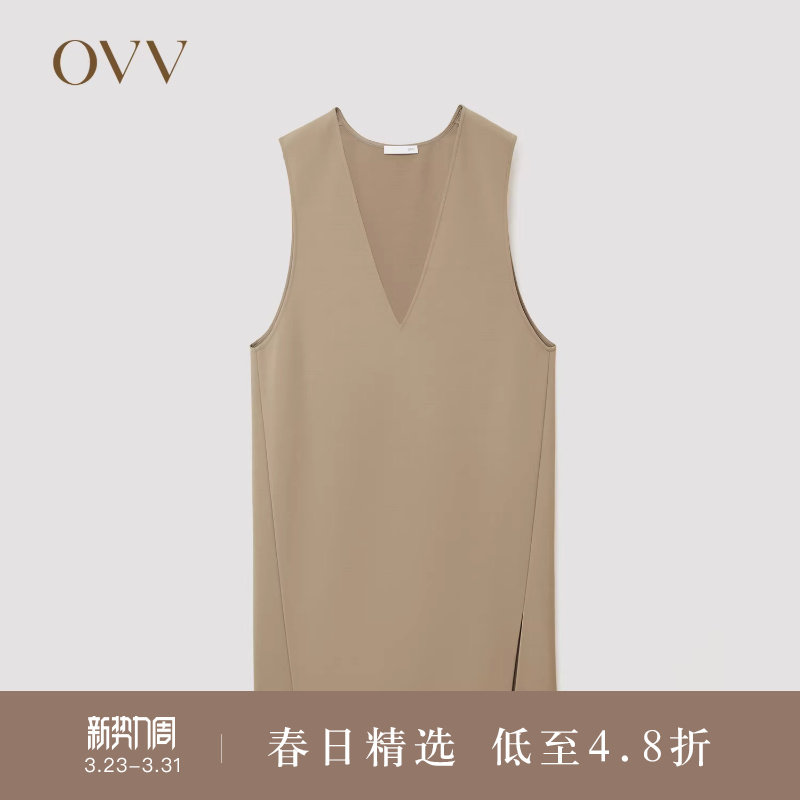 OVVOutlet秋冬热卖女装时尚深V领简约优雅羊毛背心连衣裙