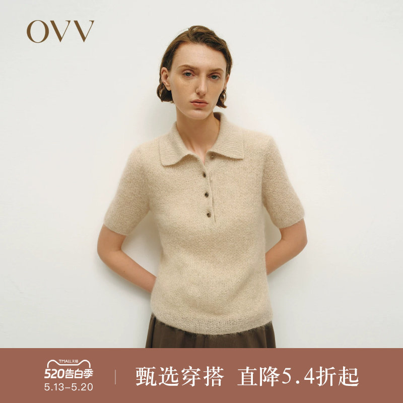 OVVOutlet秋冬热卖女装半开襟POLO领马海毛半透明短袖针