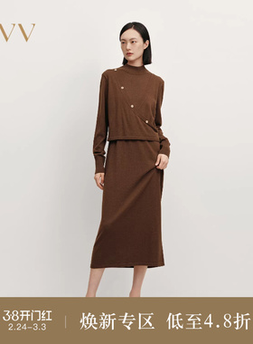OVVOutlet秋冬热卖女装舒适丝羊毛混纺假两件针织连衣裙