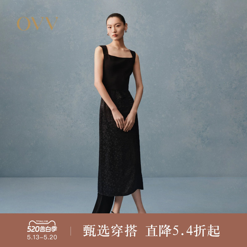 OVV春夏热卖女装方领宽肩带小黑裙优雅简约无袖连衣裙