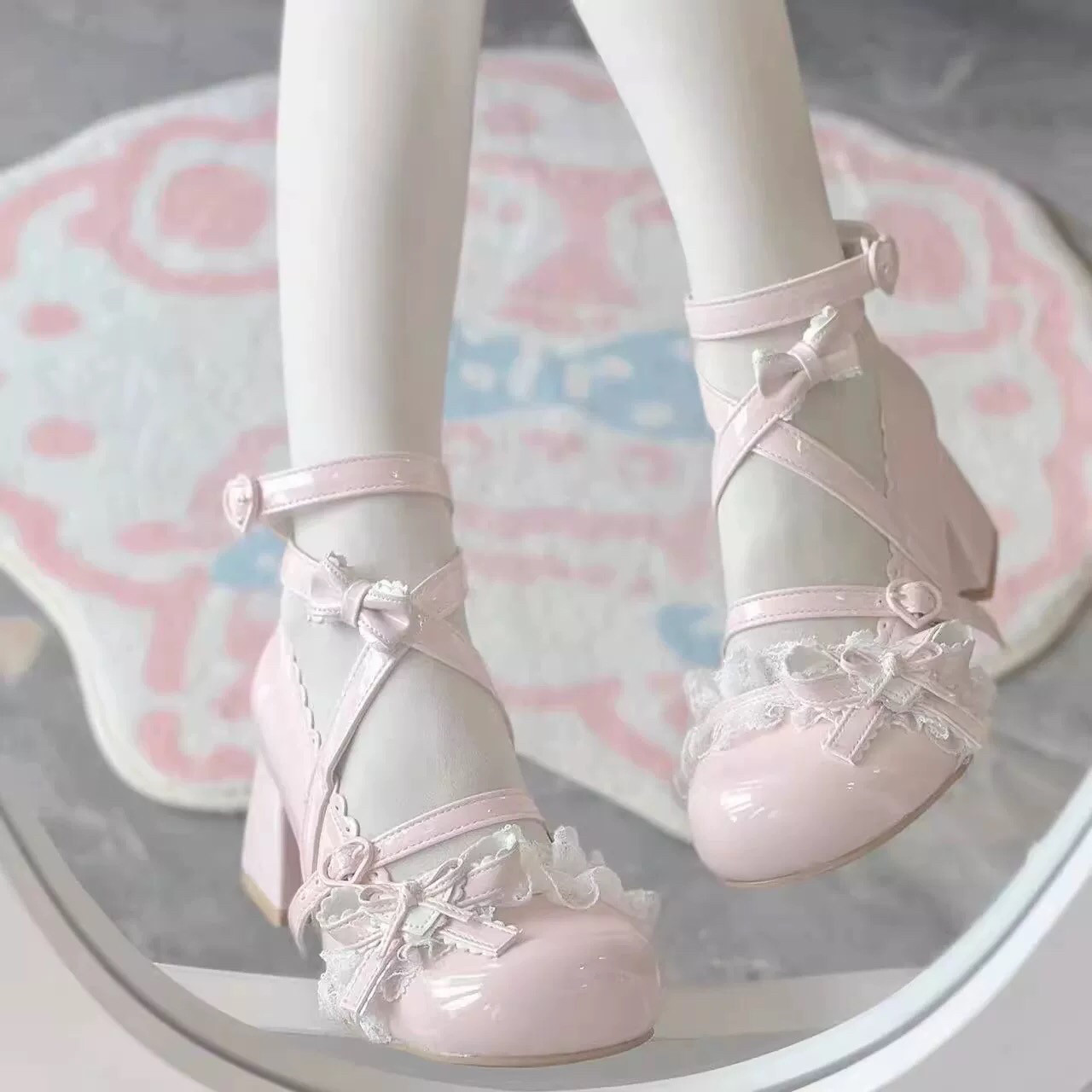 lolita原创可爱洛丽塔蕾丝粗跟小皮鞋圆头花边doll甜美中跟高跟鞋