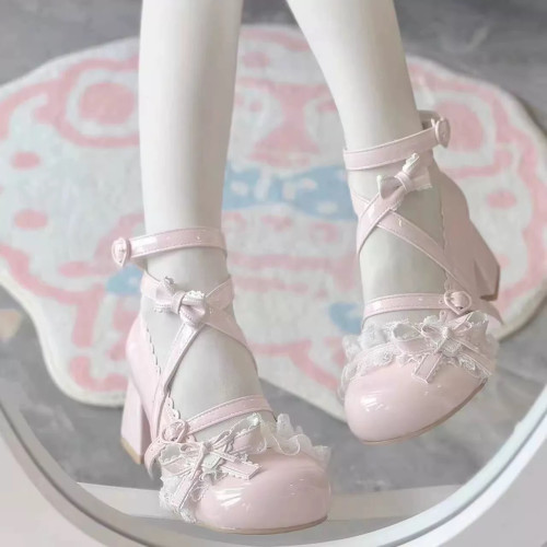 lolita原创可爱洛丽塔蕾丝粗跟小皮鞋圆头花边doll甜美中跟高跟鞋