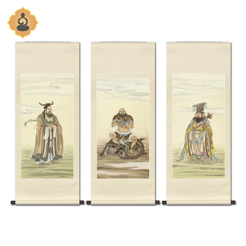 工笔上古神话人h物国画三皇伏羲黄帝轩辕炎帝神农中式卷轴装饰挂