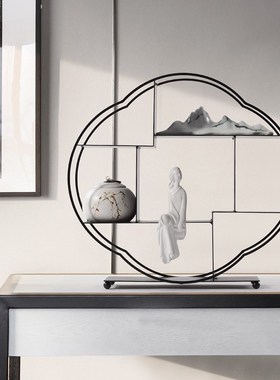 新中式假山建f筑松树客厅茶室书房样板房间酒柜博古架摆件高端大