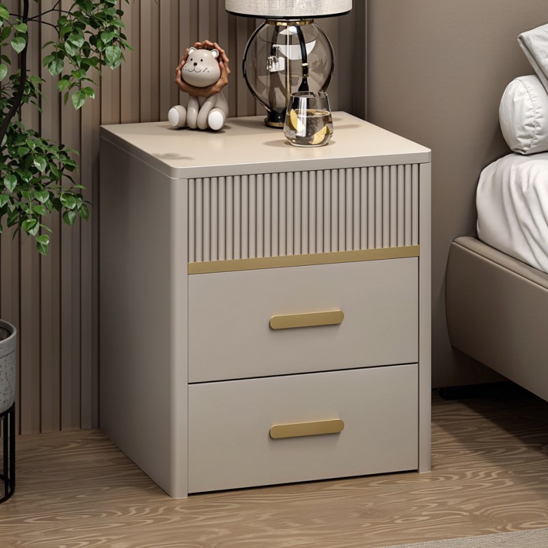 实木烤漆床头柜白色简约奶油风床边柜卡J其色浅灰色三抽屉斗柜矮