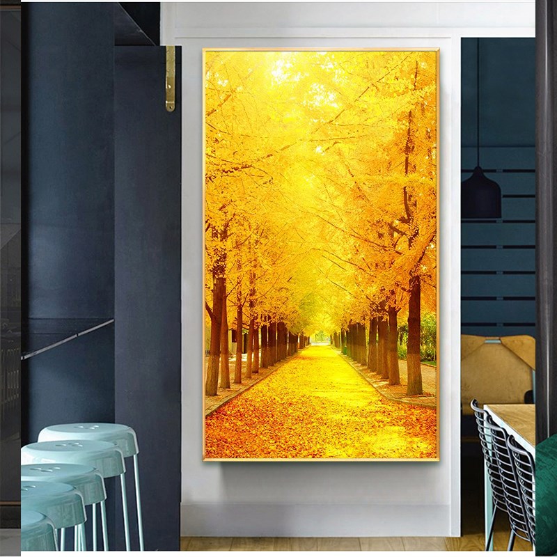 黄金满地风景画竖版十字绣202z4客厅新款线绣玄关中式手工自己刺