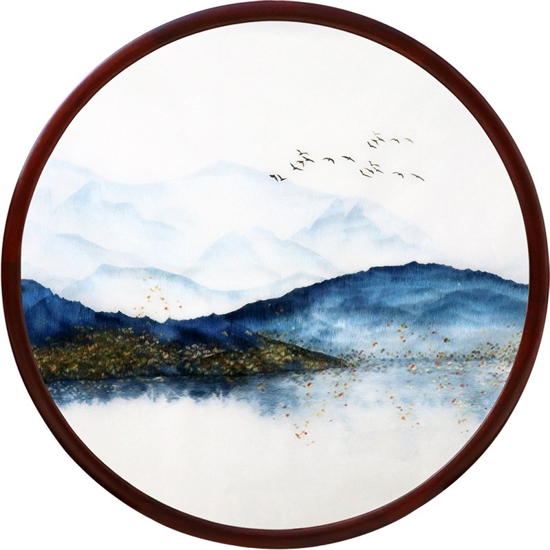 苏绣成品挂画玄关圆形山水现代中式书房K苏州纯手工刺绣圆形装饰图片