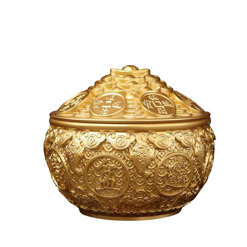 纯黄铜金蟾带g盖聚宝盆摆件家用桌面带盖金钱元宝盆存钱罐装饰摆
