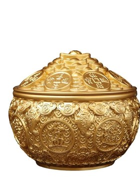 纯黄铜金蟾带g盖聚宝盆摆件家用桌面带盖金钱元宝盆存钱罐装饰摆