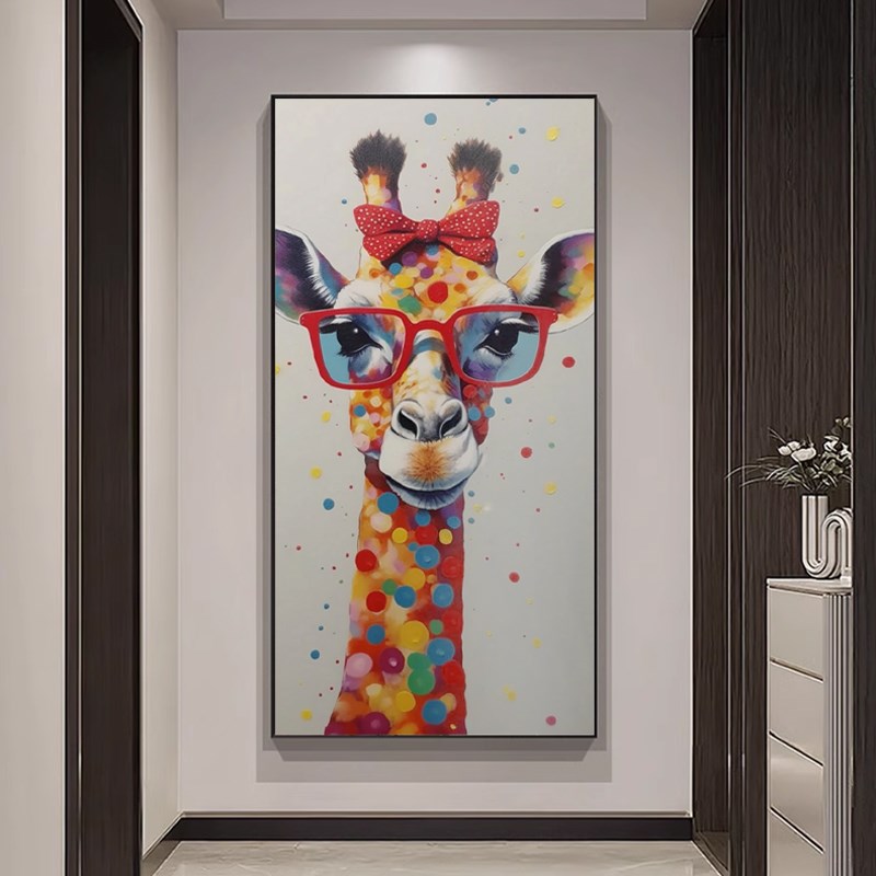 手绘油画b动物长颈鹿儿童房书房时尚玄关装饰画走廊过道尽头挂画图片