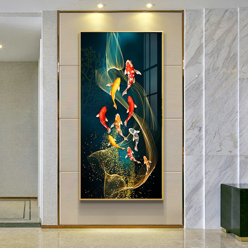 九鱼图年年有余新中式荷花玄关装饰画客厅竖版Q挂画走廊晶瓷镶钻图片