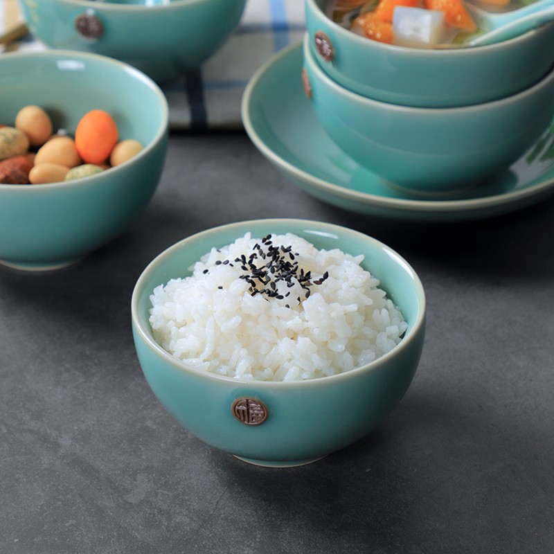 龙泉青瓷米饭碗套装家用陶瓷碗x创意福字碗6/8/10个礼盒装乔迁送