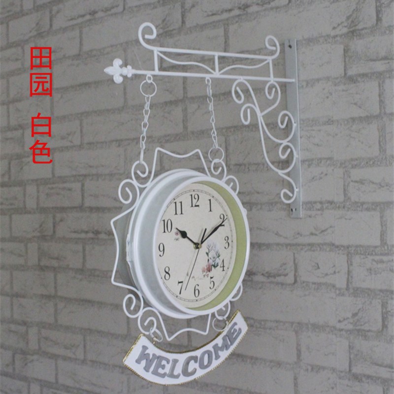欧式双面挂钟客厅创意时尚大号时钟两F面挂钟田园简约静音铁艺钟