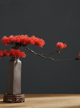 中式迎客松盆景仿真小植物摆件陶瓷花瓶套M装客厅桌面装饰假花松