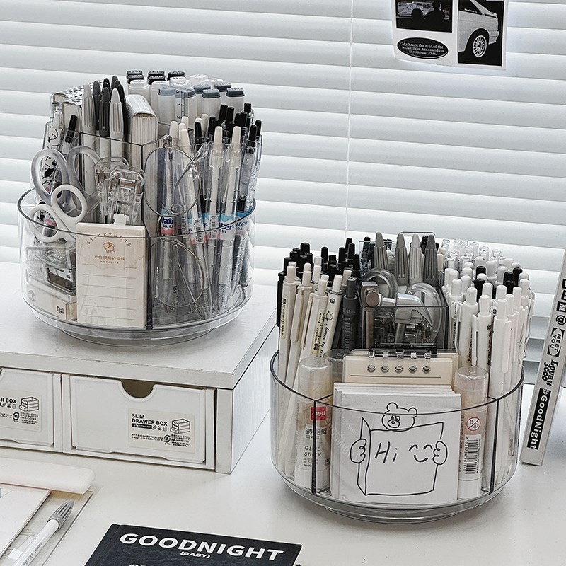 桌面旋转笔筒收纳盒学生t书桌大容量文具透明收纳笔桶亚克力整理