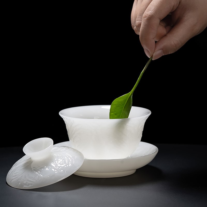璞玉冰种玉瓷g三才盖碗茶杯羊脂玉白瓷功夫茶泡茶茶具茶碗单个高