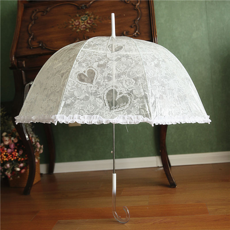 沛欣雨伞夏季爱心小清新白色蕾丝黑色F弯柄半自动长柄伞拱形透明