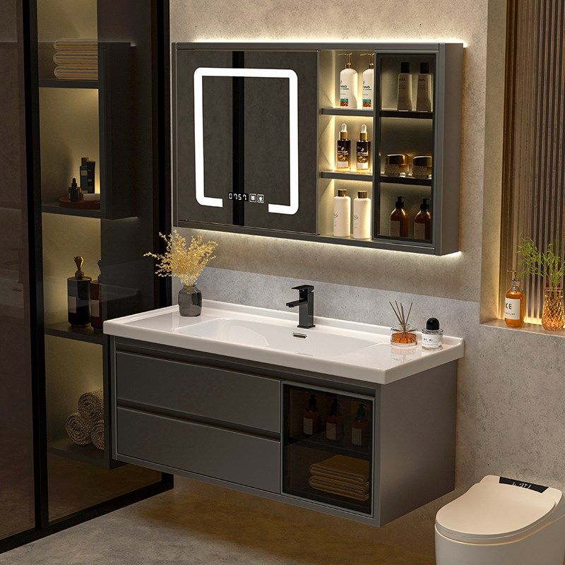 智能浴室柜洗脸盆柜组合陶瓷一体盆洗手池卫生间洗漱台面实木简约