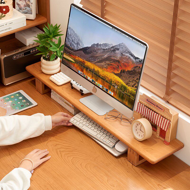 显示器增高架实木电脑桌面垫高收纳架办公桌置物架木质托架樱桃木