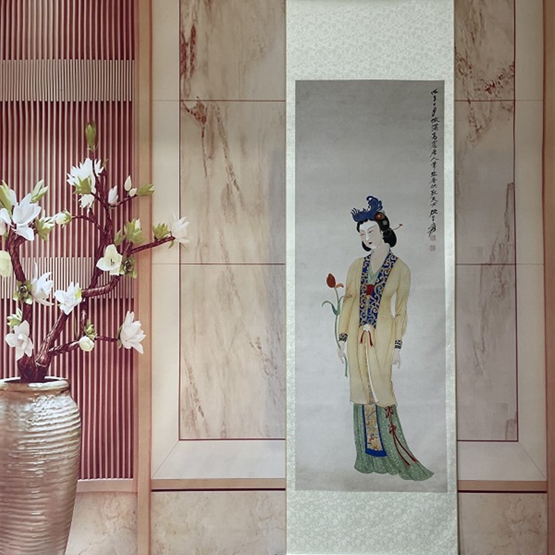 1:1张大千唐人仕女图真迹工笔人物国画K微喷复制品客厅装饰工笔画