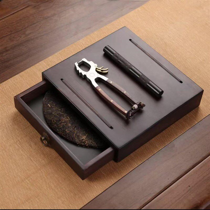 普洱茶饼防潮一双层收纳盒不锈钢茶钳实木分茶盘茶针开茶器分茶盒