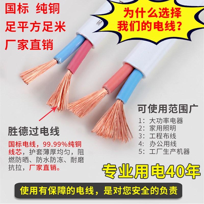 电线软线二芯纯铜国标1.5/2.y5/4平方铜芯护套线2芯家用电缆电源
