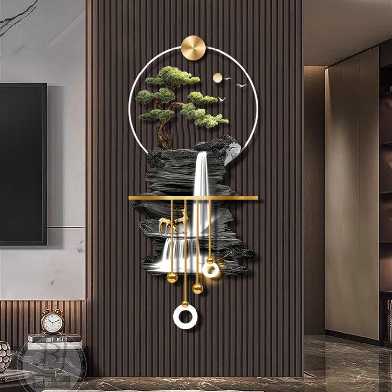 流水生财玄关装饰画轻奢迎客松玄关挂画电视背景墙发光壁灯画感应