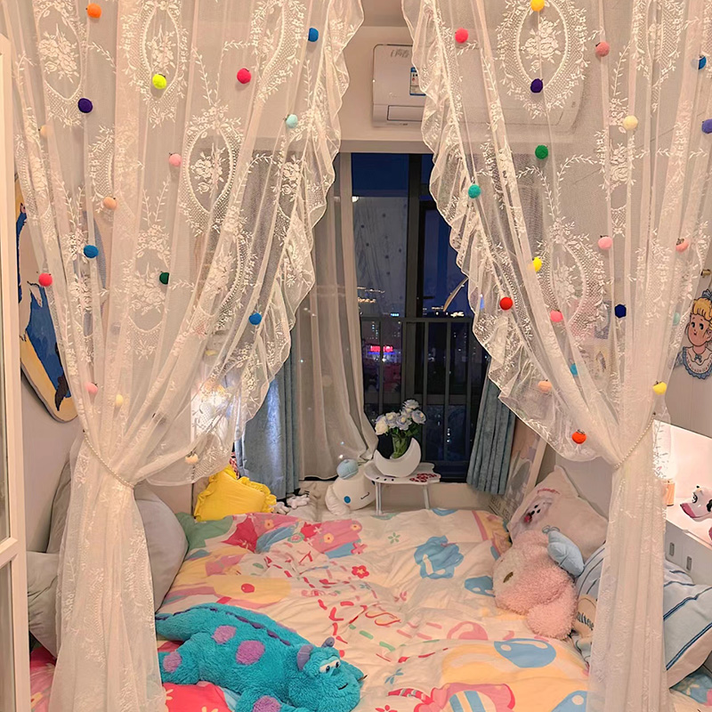 洛可可荷叶边毛球diy绒u球纱窗帘书柜纱帘隔断遮挡帘透光不透人白