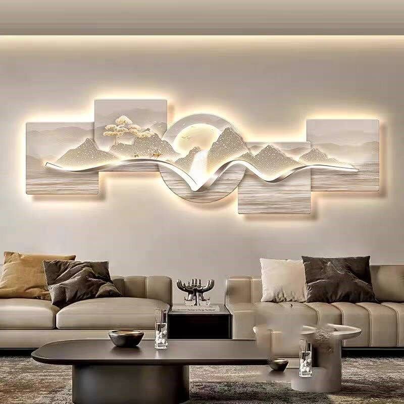 高级感客厅装饰画背有靠山大气沙发背景墙挂画现代轻奢创意带灯画