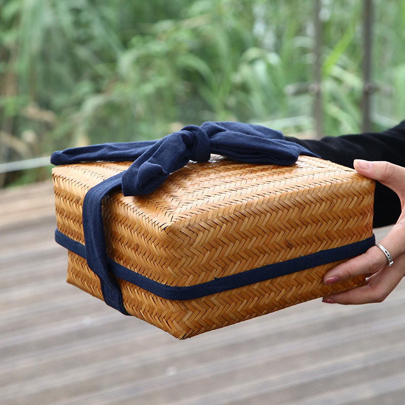 手工竹编带盖收纳盒桌面整理盒仿古旅行J收纳包茶盒茶笼茶具收纳