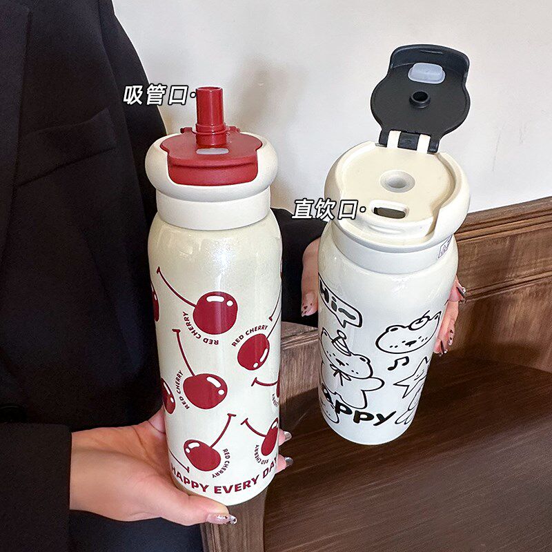 女生陶瓷内胆保温杯可爱大容量吸管喝水杯316不锈钢学生上学专用