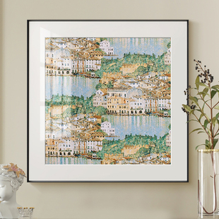 法式轻奢艺术玄关背景墙装饰画简美走廊餐厅壁画加尔达湖风景挂画