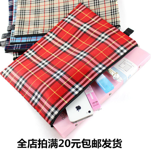 格子帆布文件袋A3B4A4A5B6拉链袋防水票据笔袋资料袋拉边袋6个装