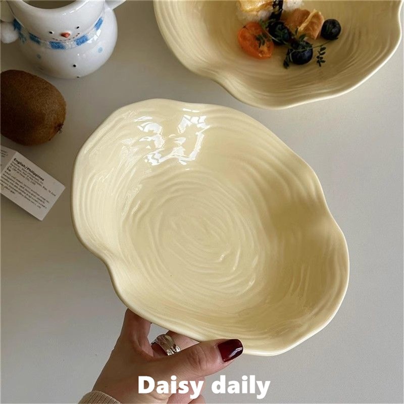 奶黄色高级感荷叶边餐盘ins风有格调水果沙N拉盘意面陶瓷盘子菜盘