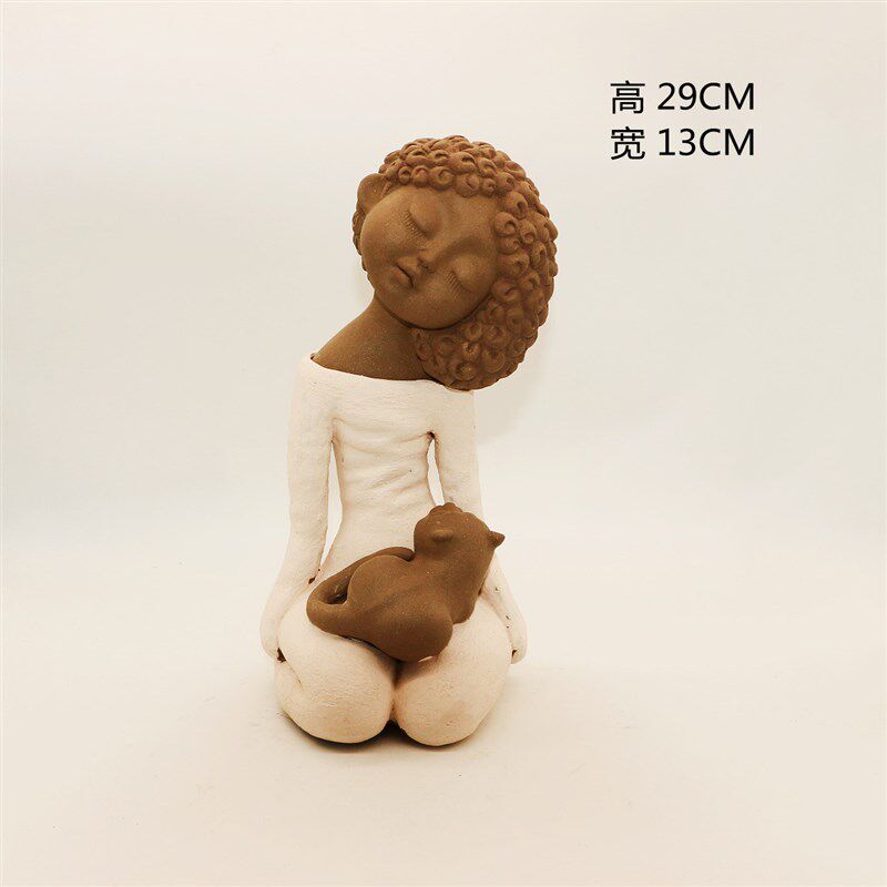 手工陶艺人物创意泥人陶土娃娃人物 陶瓷娃 陶人泥塑美女看猫摆件