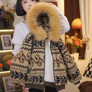 儿童时尚 新款 冬季 加绒加厚休闲费尔岛连帽大毛领外套HCE351