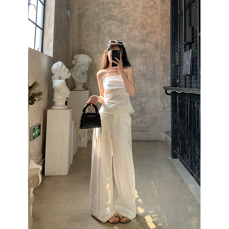 抹胸套装女夏装巨好看的亚麻吊带背心上衣一整套阔腿裤辣妹两件套