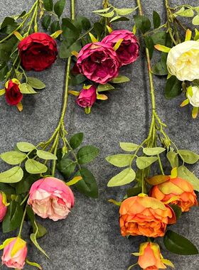 速卖通奥斯汀玫瑰花仿真花3头奥斯汀玫瑰绢布装饰花网红墙瀑布花