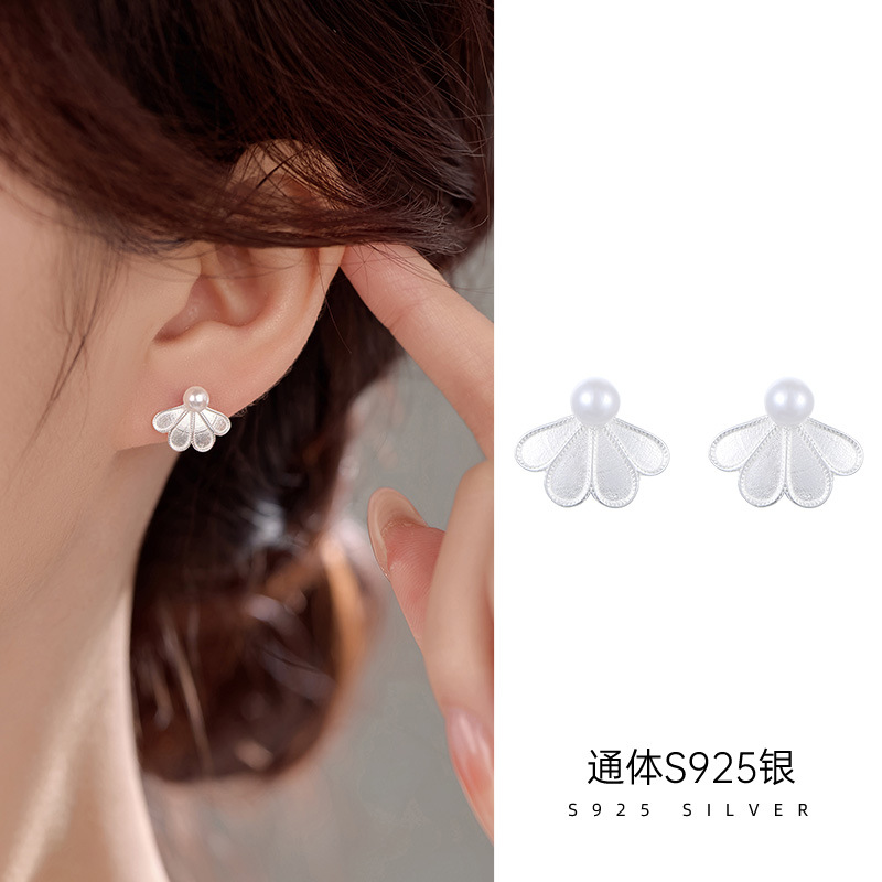 S925银拉丝扇花耳钉女2025新品