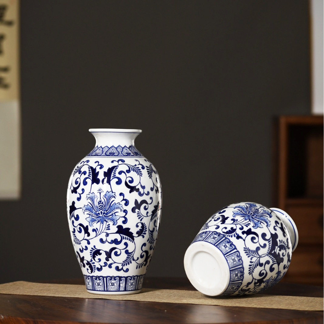 中式台面仿古青花瓷花瓶摆件装饰品工艺品陶瓷摆件复古花插插花器
