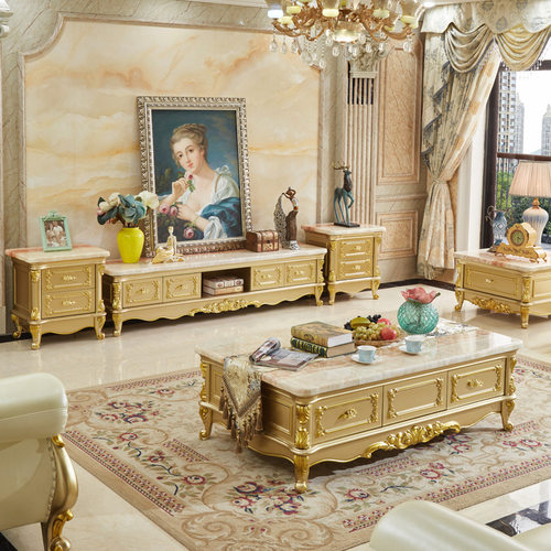 欧式大理石茶几电视柜组合套装香槟金色客厅家具奢华实木地柜 K51
