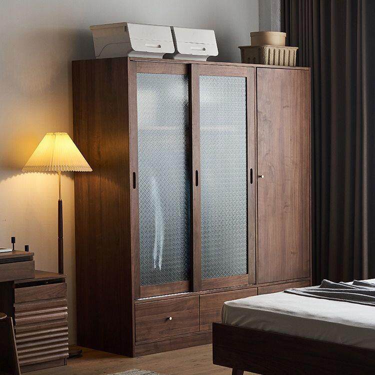 北欧实木推拉门衣柜现代简约黑胡桃木卧室储物衣橱柜原木家具