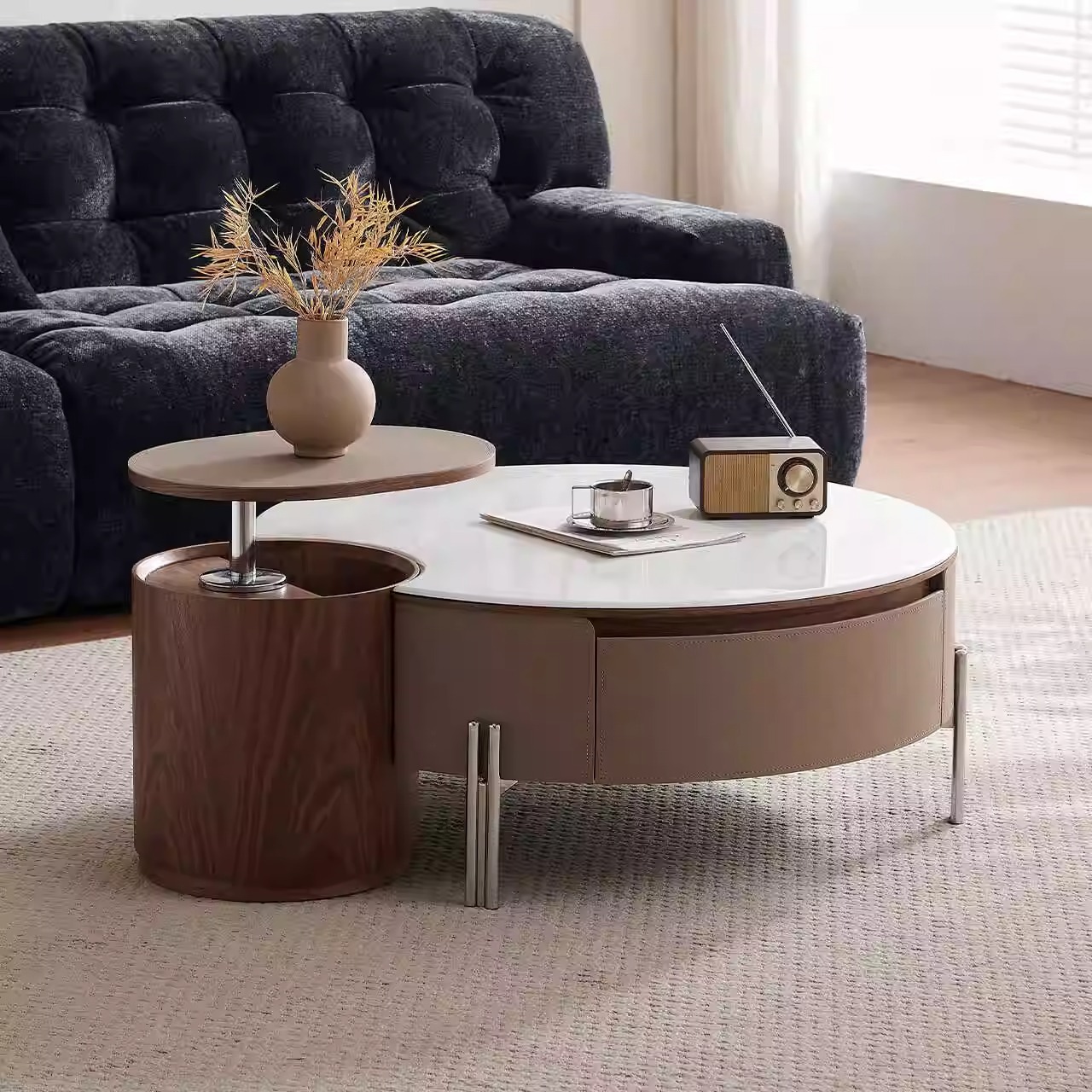 现代轻奢小户型茶几高级感马鞍皮微晶石茶几组合升降旋转边几